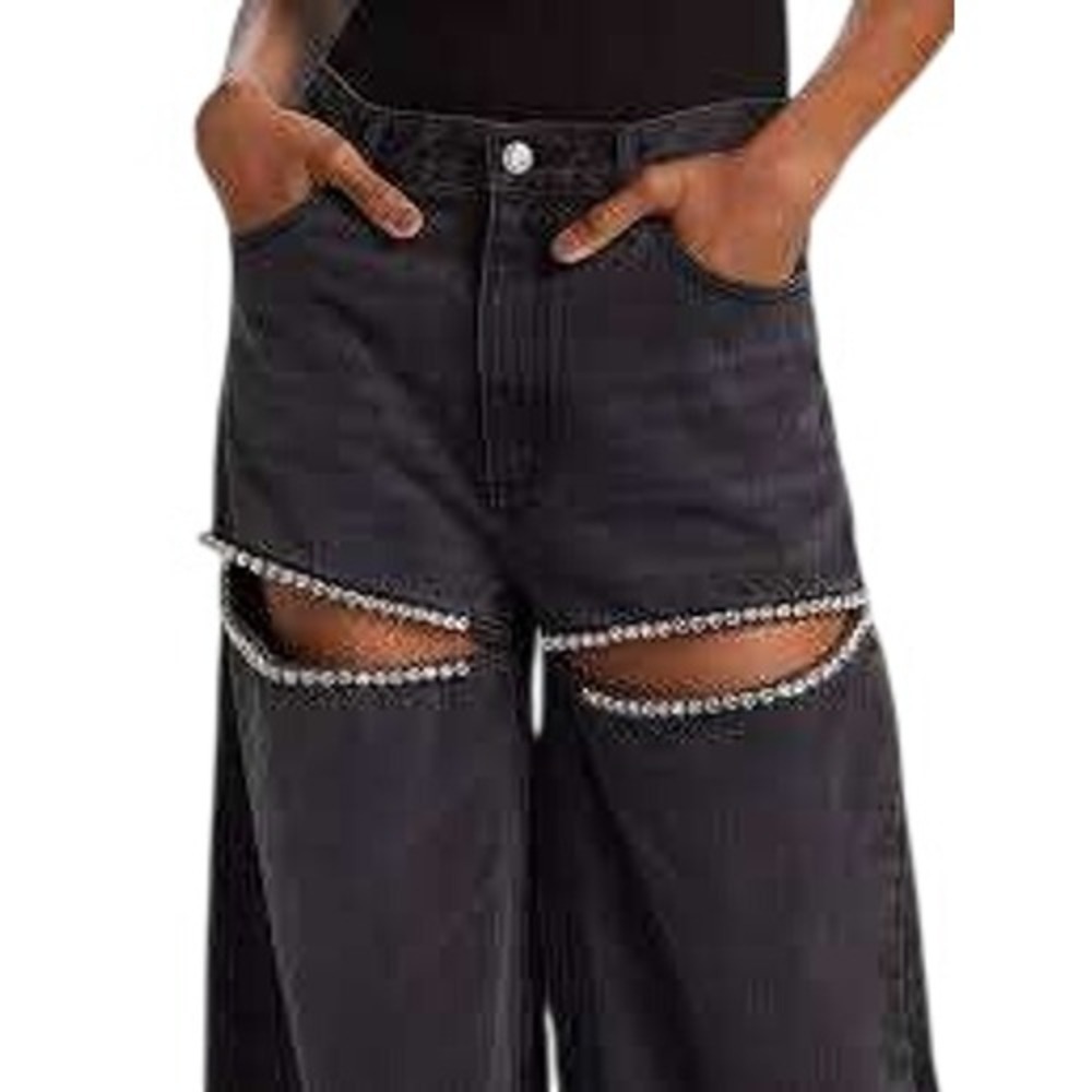 New Collection Taylor Swift Inspired Rhinestone Cutout Wide Leg Jeans Black L